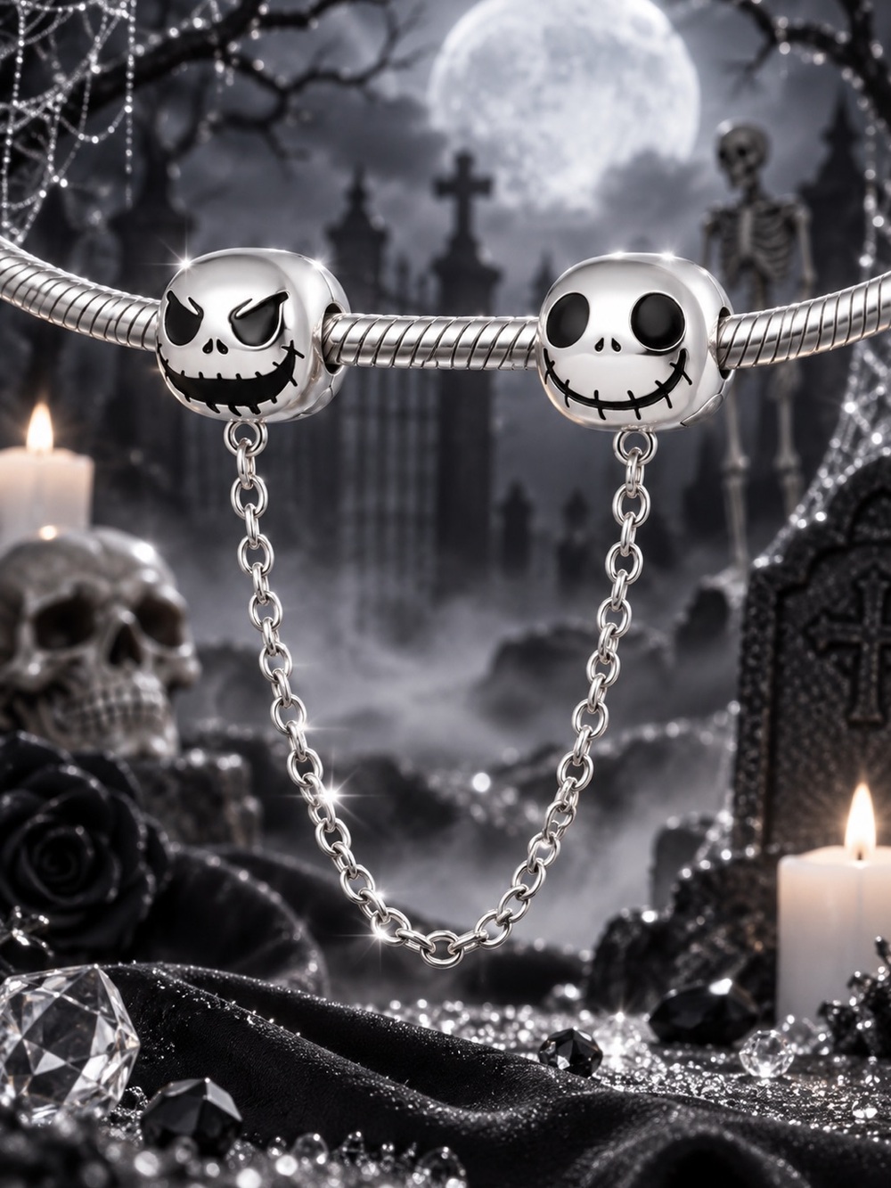 Sterling Silver Skull Safety Chain Bracelet Charm - Silver